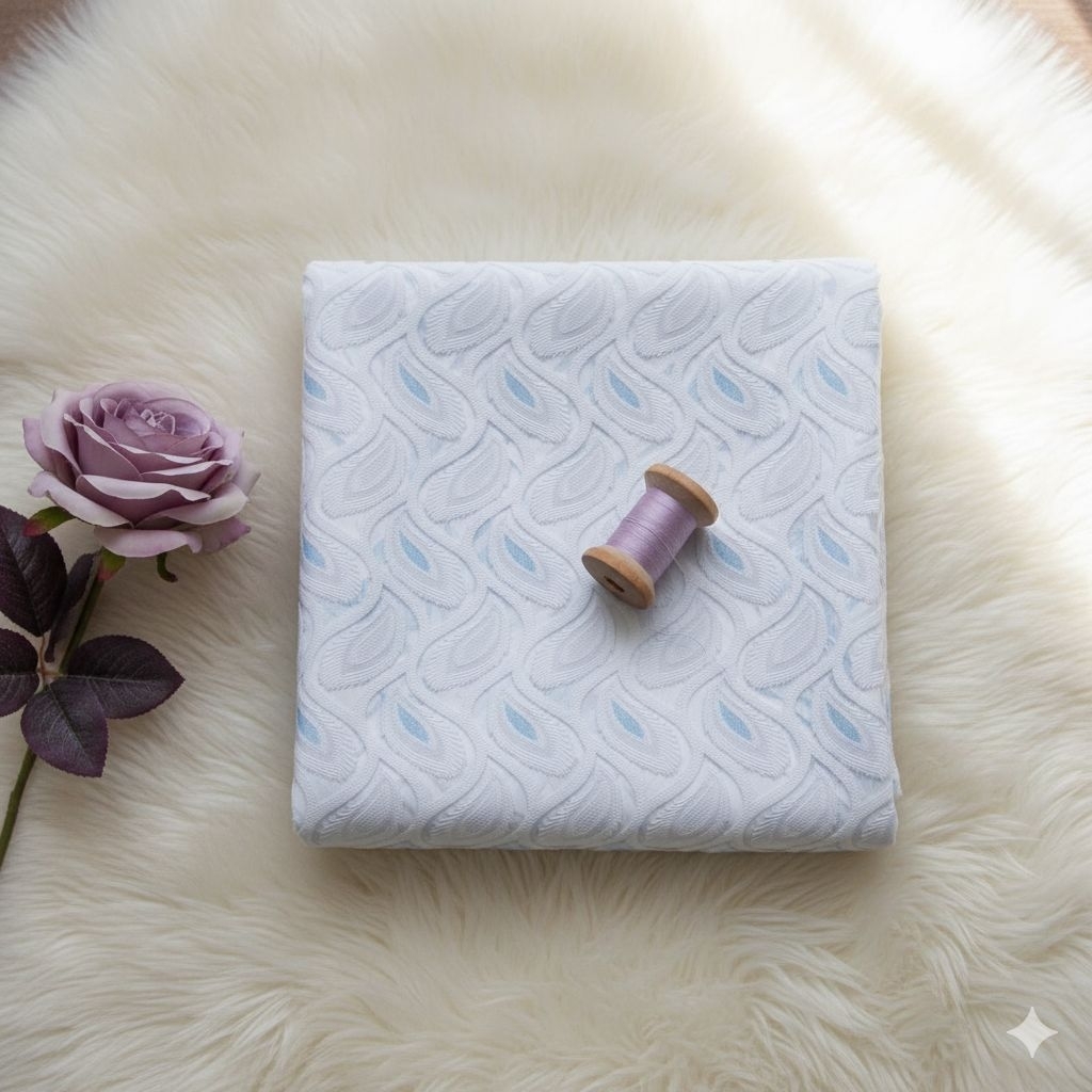 Kain Organza Bordir Timbul Motif Daun Putih Premium / Organza 3D Akses Biru Shimmer Kj