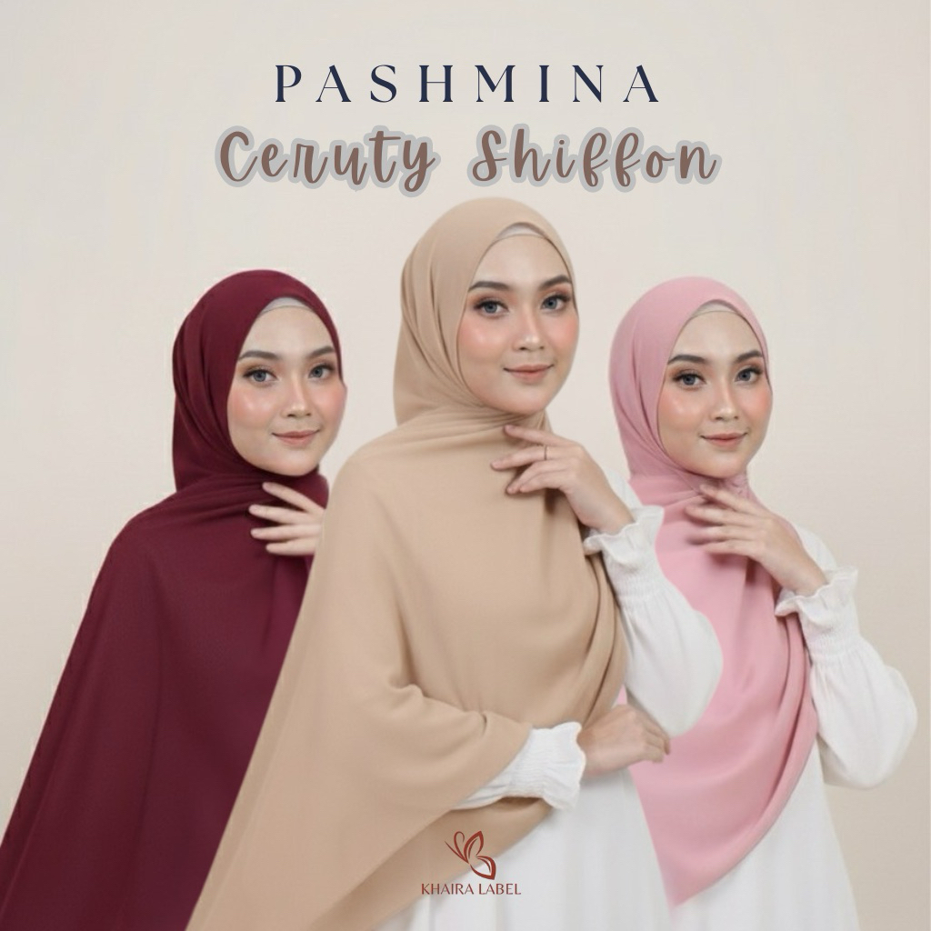 Pashmina Ceruty Premium Khayra Label – Jilbab Panjang Halus, Mudah Dibentuk, Ukuran 175x70cm
