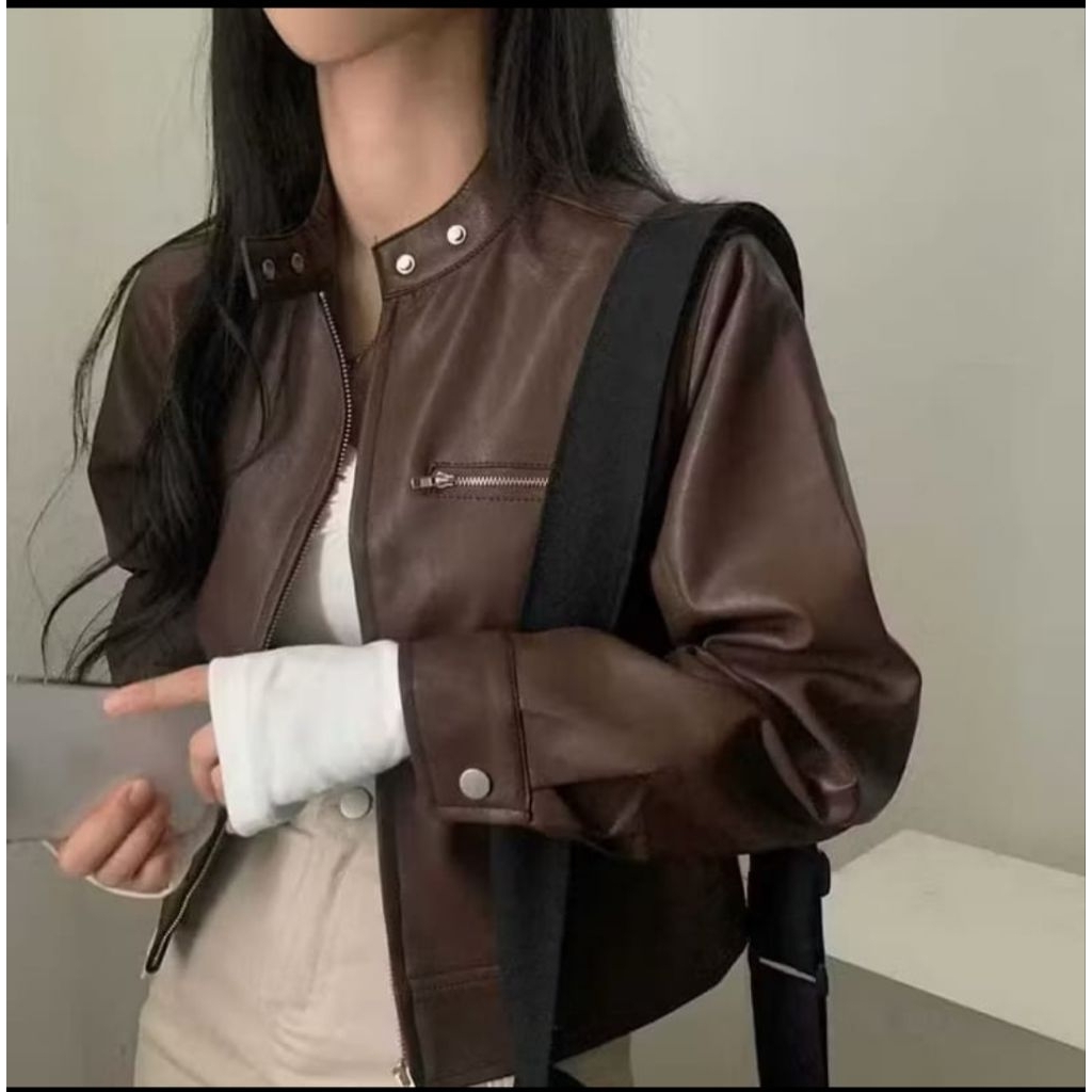 jeket kulit crop wanita