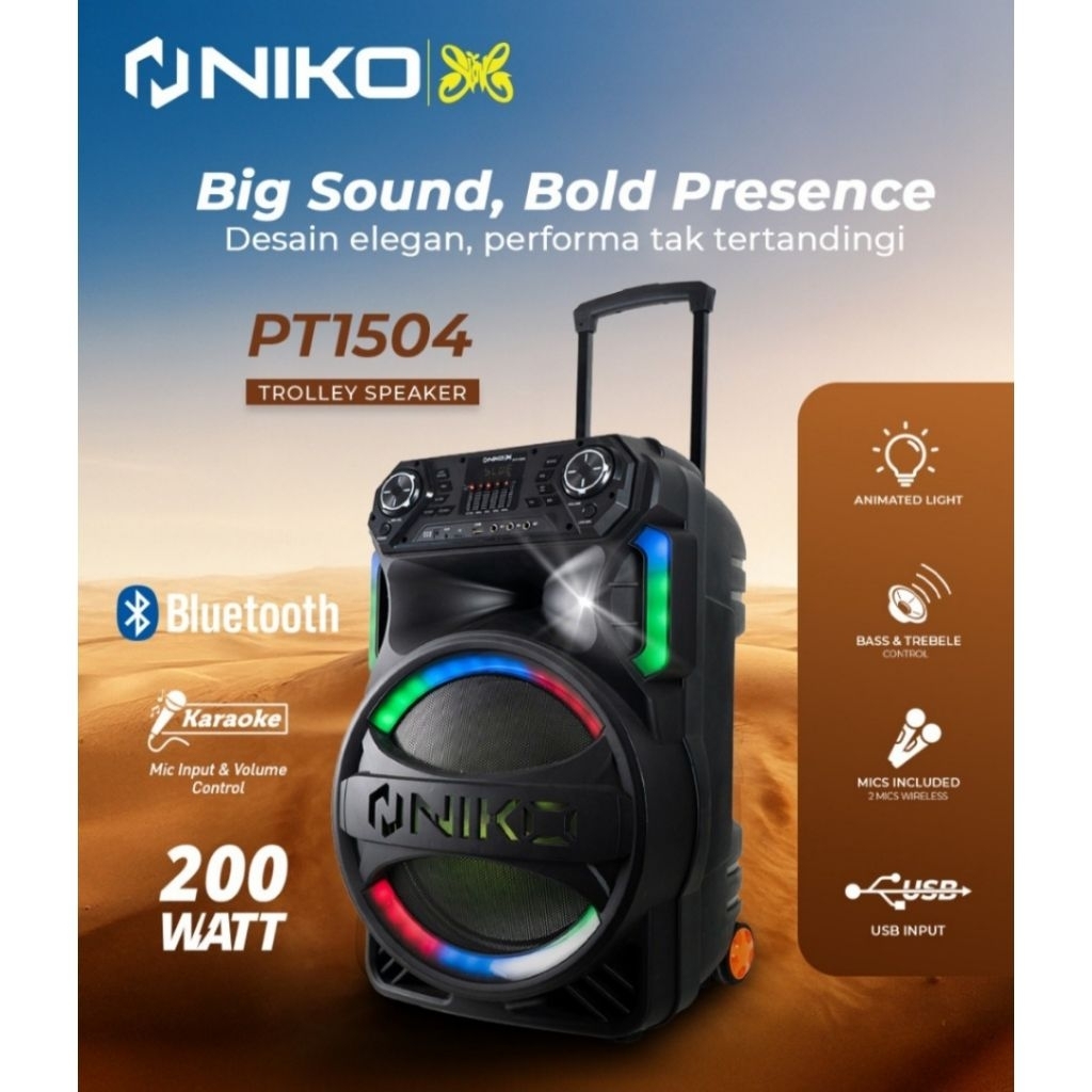 NIKO SPEAKER PORTABLE TROLI BLUETOOTH 15" KARAOKE 2 MIC PT 1504