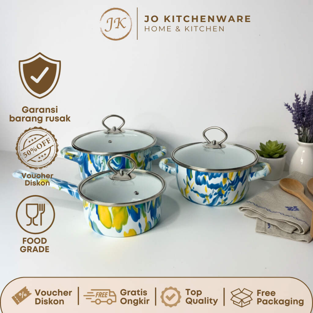 Panci Enamel Sky Blirik Tutup Kaca Ukuran 16, 18, 20cm / Panci Susu Enamel / Panci Sup Gaya Jadoel S