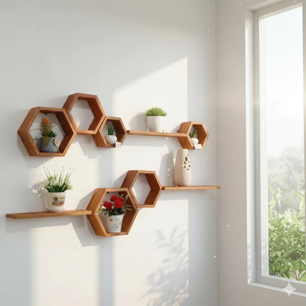 Rak Dinding Hexagonal Hiasan Dinding Aesthetic Rak Hexagonal Kayu Menarik