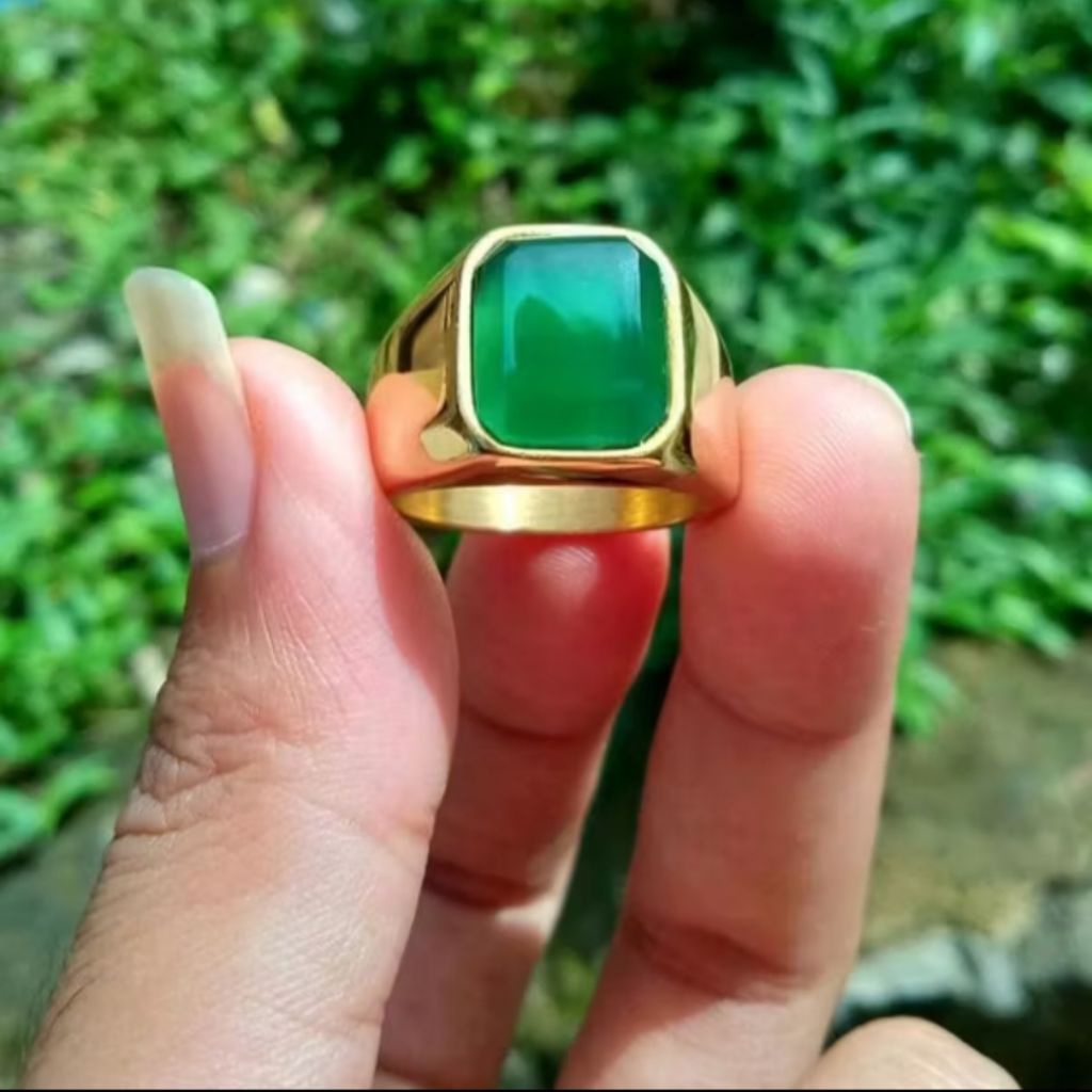 cincin batu hijau garut kotak ring titanium gold