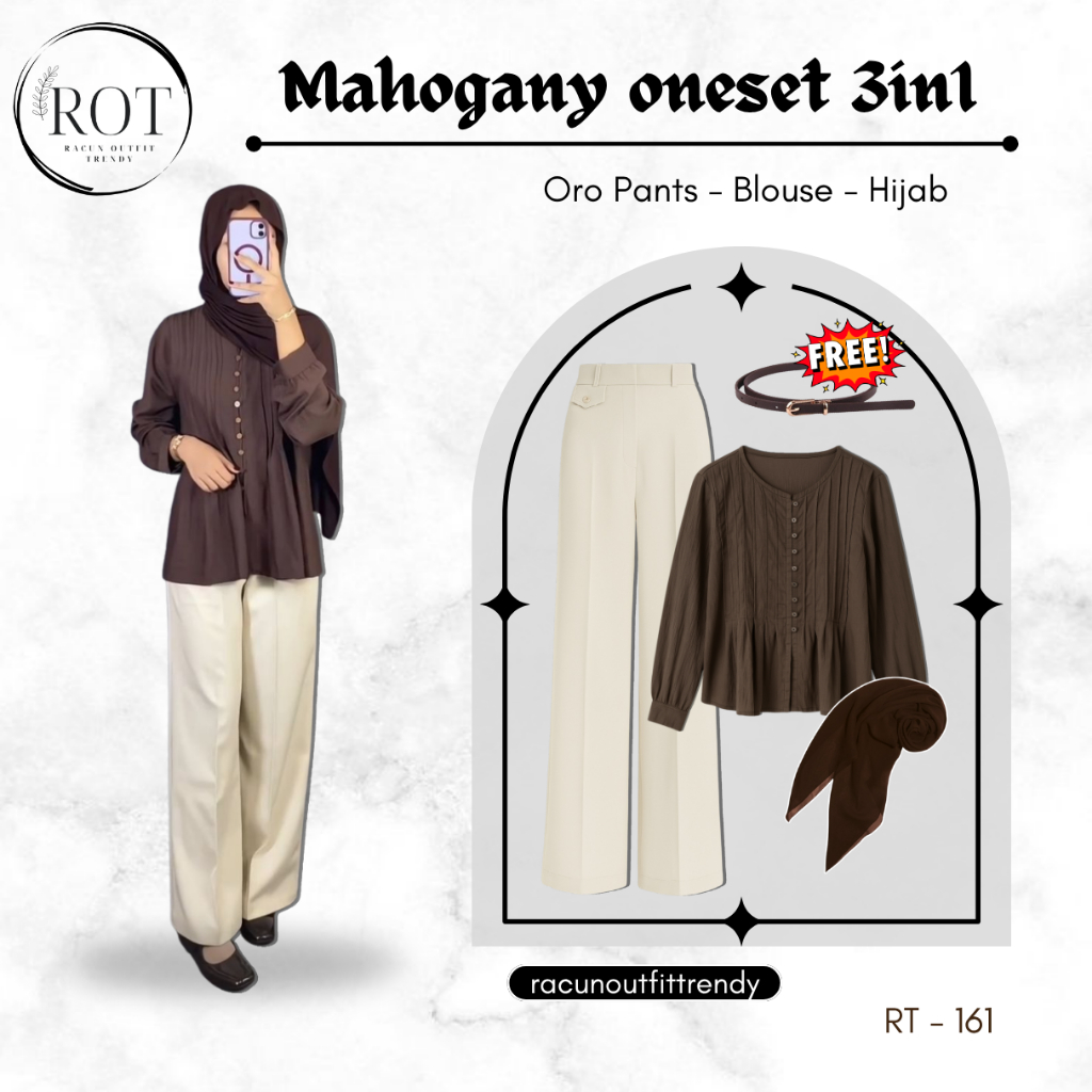 Oneset 3in1 Blouse Coklat ( Blouse, Oro Pants, Hijab, Free Belt) - Blouse Kekinian - RT161