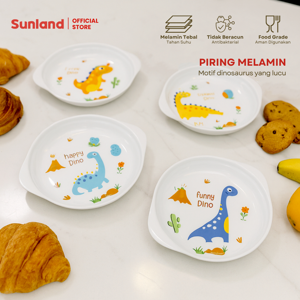 SUNLAND Piring Makan Anak Melamin Motif Dino Piring Melamin Aman Untuk Anak Anti Pecah & Kuat Food G