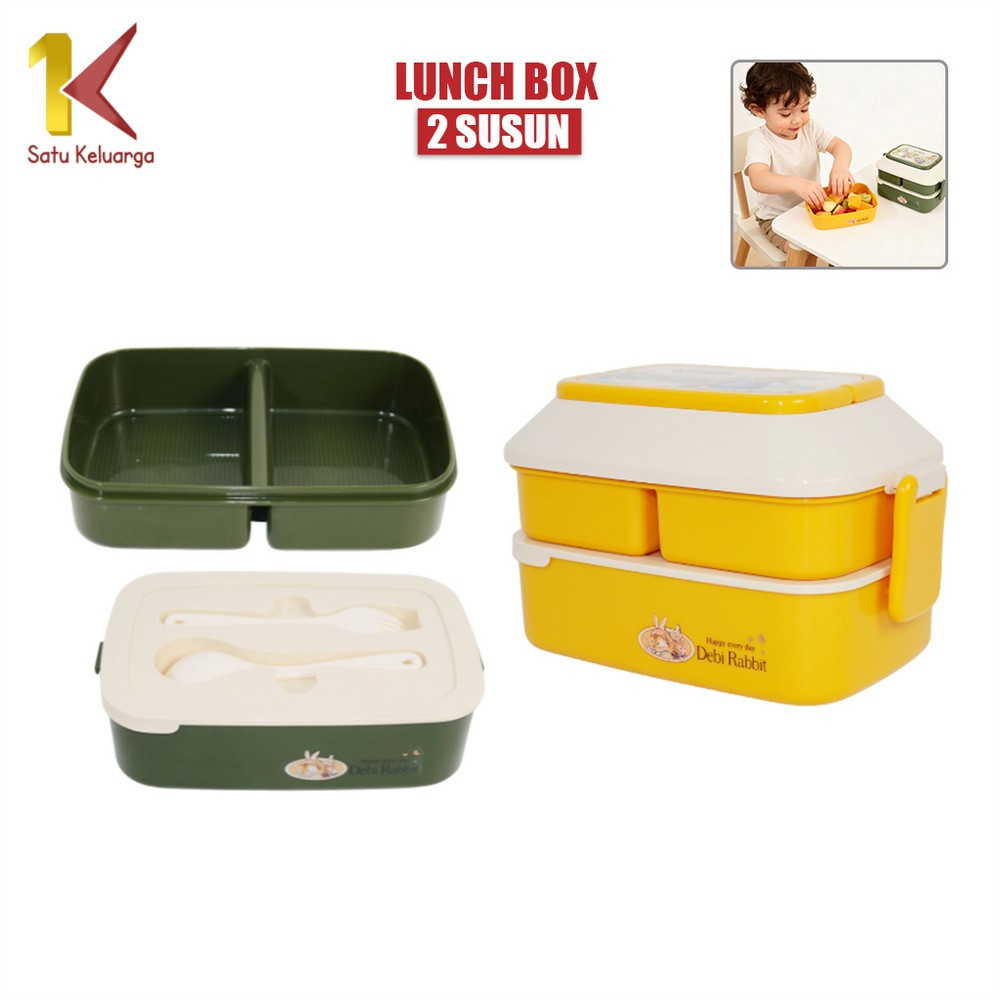 Satu Keluarga Tempat Makan 2 Susun C758 Kotak Bekal Set Sendok Garpu Lunch Box Anti Tumpah / Kotak M