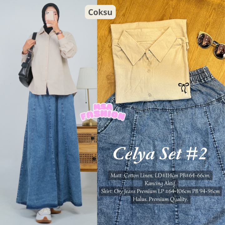 SETELAN ROK ORI BAJU ATASAN KEMEJA POLOS KATUN LINEN CANTIK VARIASI BORDIR PITA SET ROK JEANS WASH M