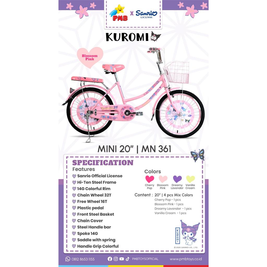 sepeda anak perempuan mini 20 inch pmb sanrio kuromi mn361 keranjang depan dan boncengan belakang