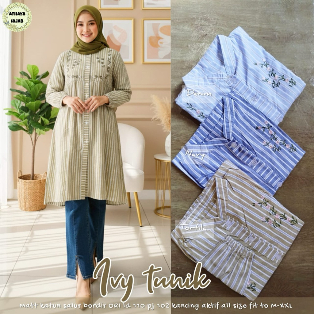 IVY MIBIBI POLOO TUNIK BY ATHAYA atasan long tunic motif salur kotak bahan katun busui friendly