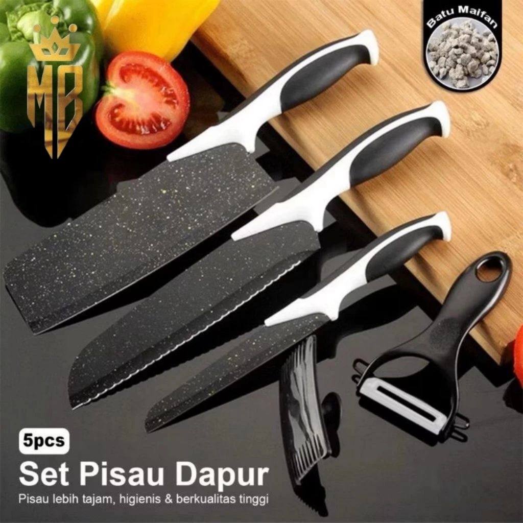 PISAU HITAM SET/Pisau terlengkap dan tajam[ J13 ] Pisau Hitam Set 5 In 1 / Pisau Dapur Set Serbaguna