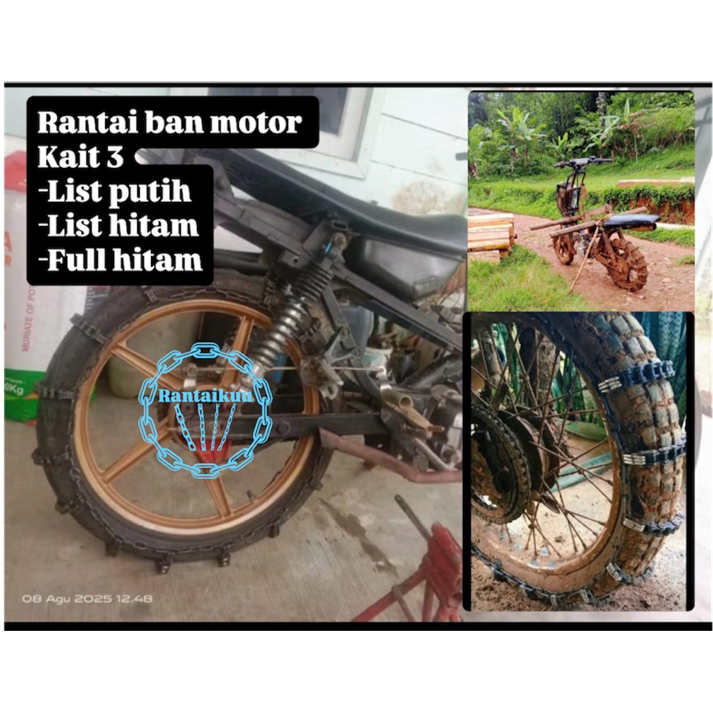 Rantai ban motor anti selip kait 3 full hitam, list hitam, list putih ring 14 17 18 / rantai ban lum
