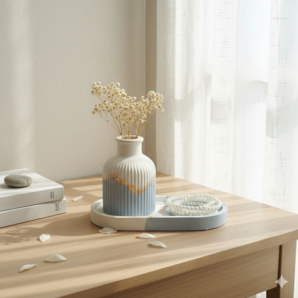 New Product  10 Pembelian Pertama Free Bunga Kering Edelweiss Set Dekorasi Gypsum Biru Putih – Vas &