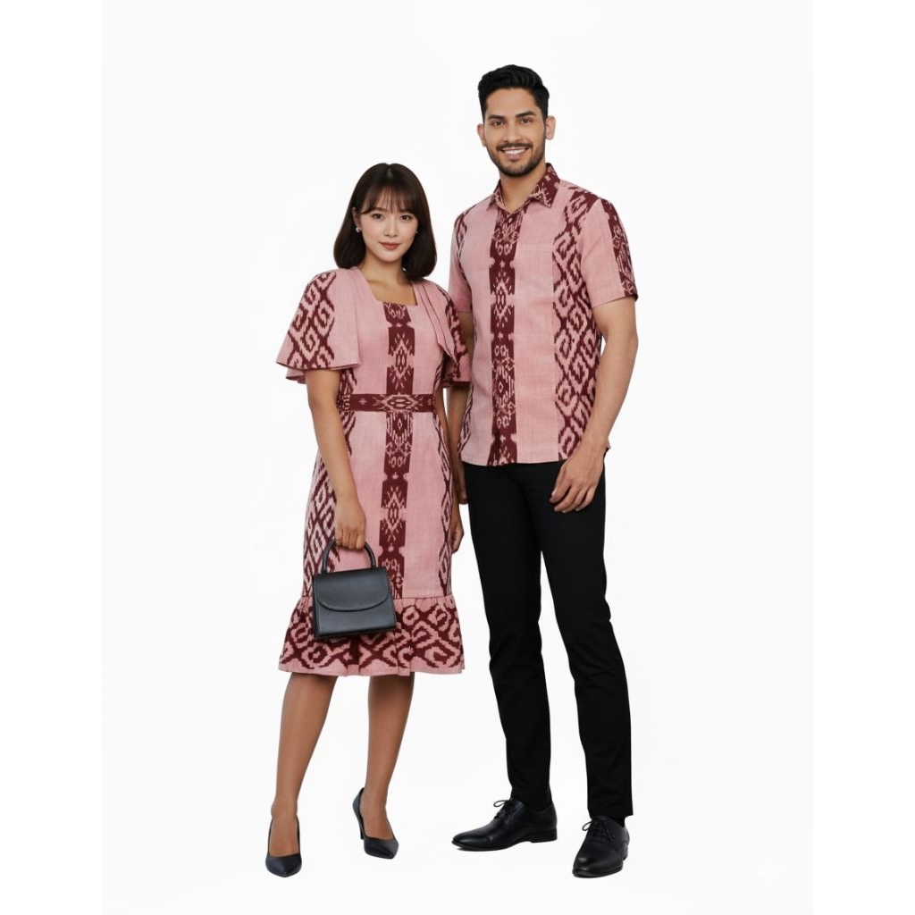 SET PAKAIAN TENUN DRESS WANITA DAN KEMEJA PRIA WARNA PINK BUAT ACARA FORMAL MAUPUN NON FORMAL