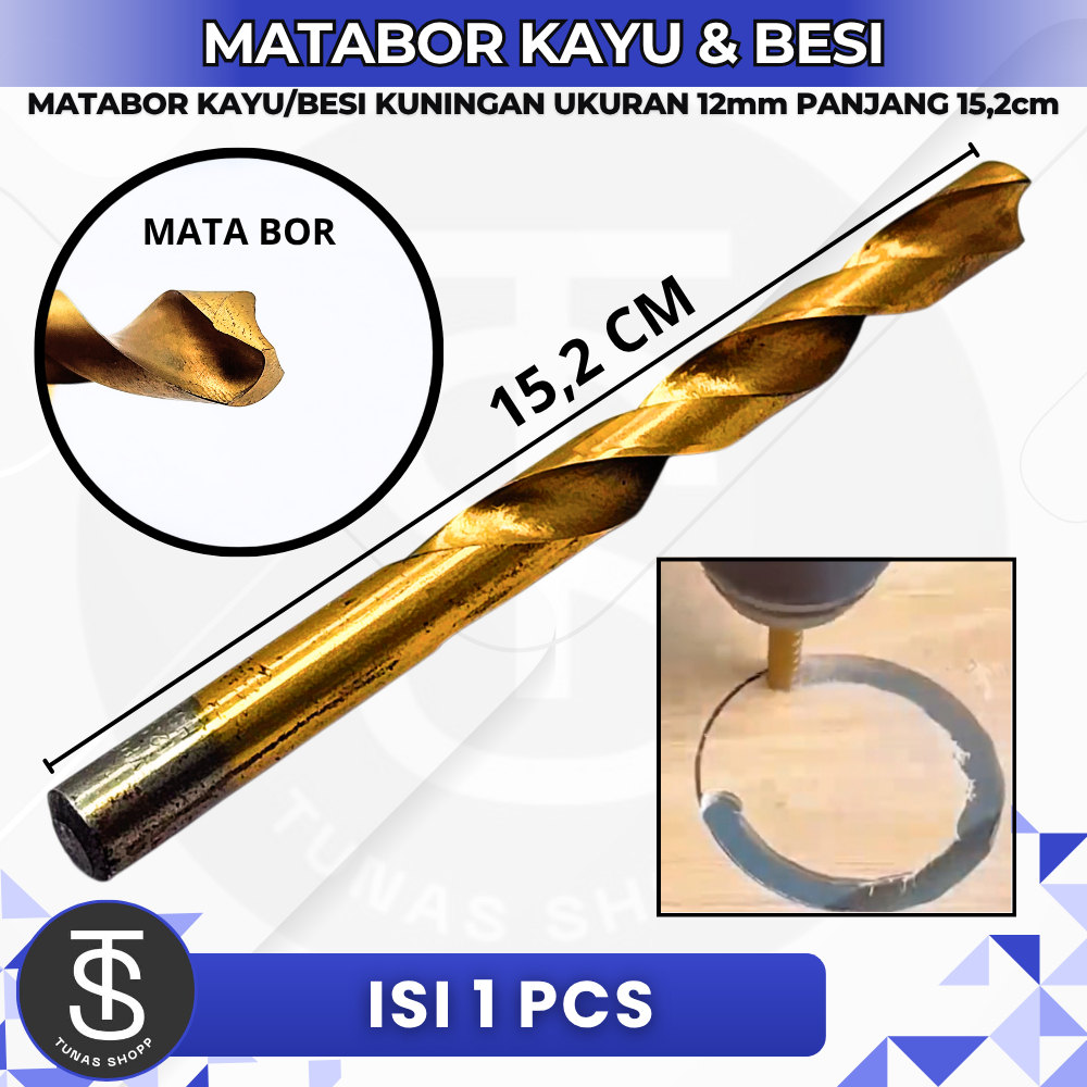 MATABOR KAYU DAN BESI WARN AGOLD / KUNING UKURAN 12MM PANJANG 15,2CM / Mata Bor 12mm Kuning / Kayu &