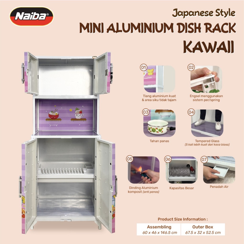 [NAIBA] Rak Piring Mini Aluminium Dishrack Kawaii - Rak Piring Plastik - Rak Piring Tertutup - Rak P