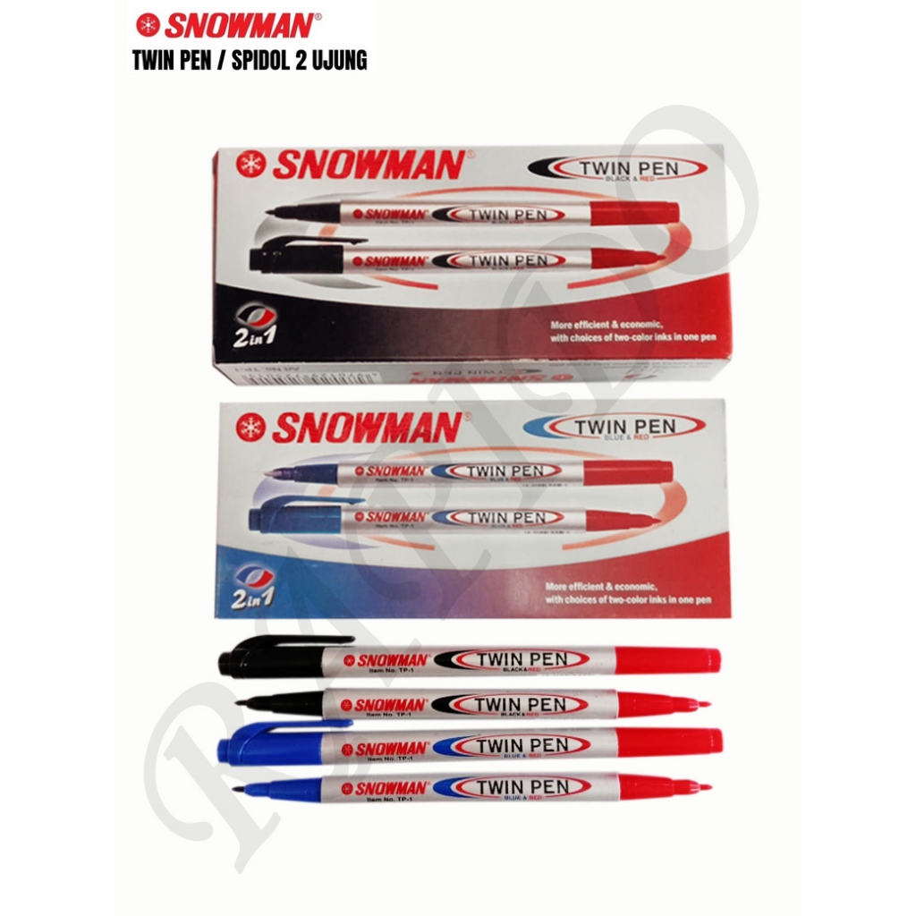 1 Kotak (12 Pcs) Twin Pen Snowman/ Twinpen/ Pena 2 Warna/ Pulpen 2 Ujung