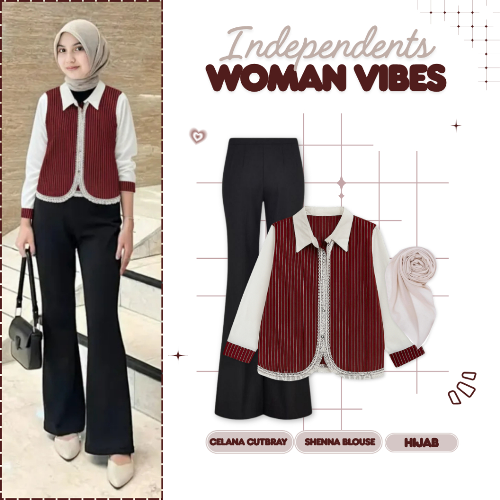 One set Wanita Kekinian Hijab || Blouse Korean Style + Celana Cutbray + Hijab Segi Empat || Ootd Kor