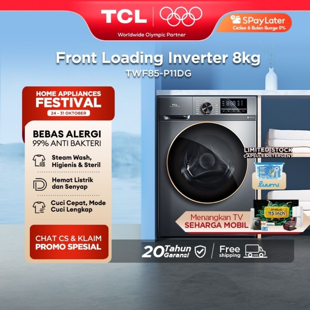 TCL Mesin Cuci Bukaan Depan 8 9 kg TWF85 TWF95 P11DG Front Loading