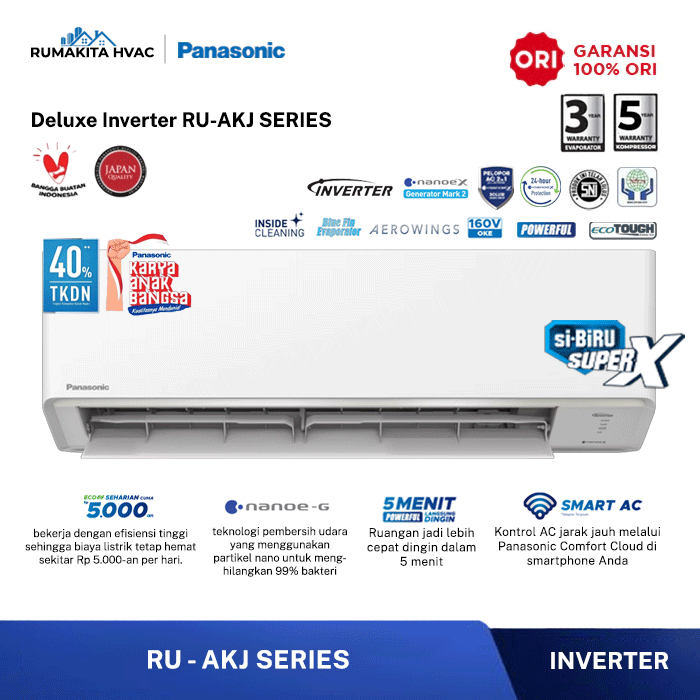 AC Split Panasonic Deluxe Inverter RU Series Nanoe X 1/2 PK - RU5AKJ | RU5 AKJ | RU-5AKJ