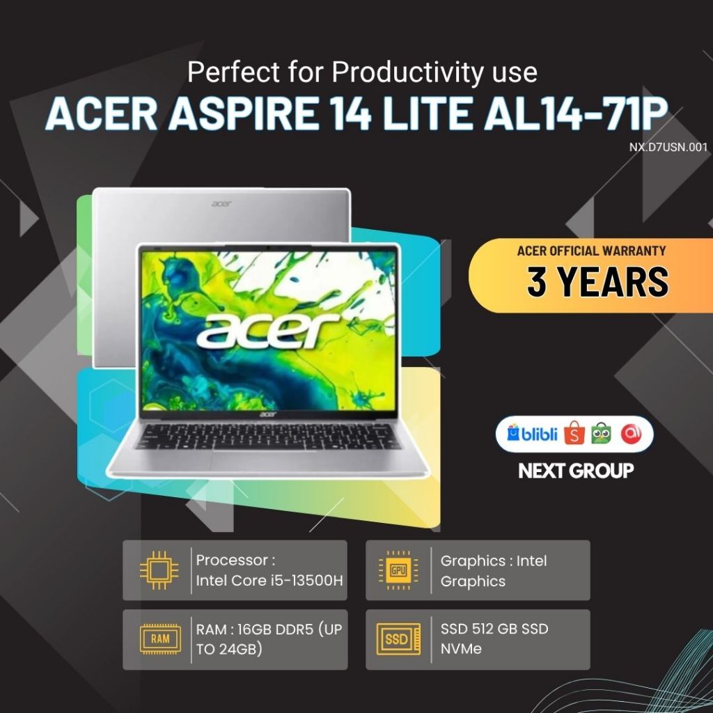 Acer Aspire 14 Lite AL14-71P-53TG - NX.D7USN.001 /Intel Core i5-13500H 16GB SSD 512GB 14INC W11+OHS2