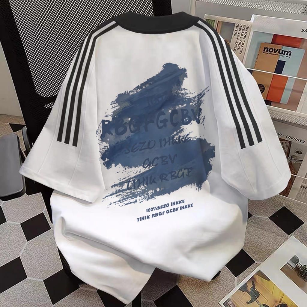 EUNII Kaos lengan pendek wanita Korea dengan pola cetak poster biru/T-shirt warna kontras Korea ukur