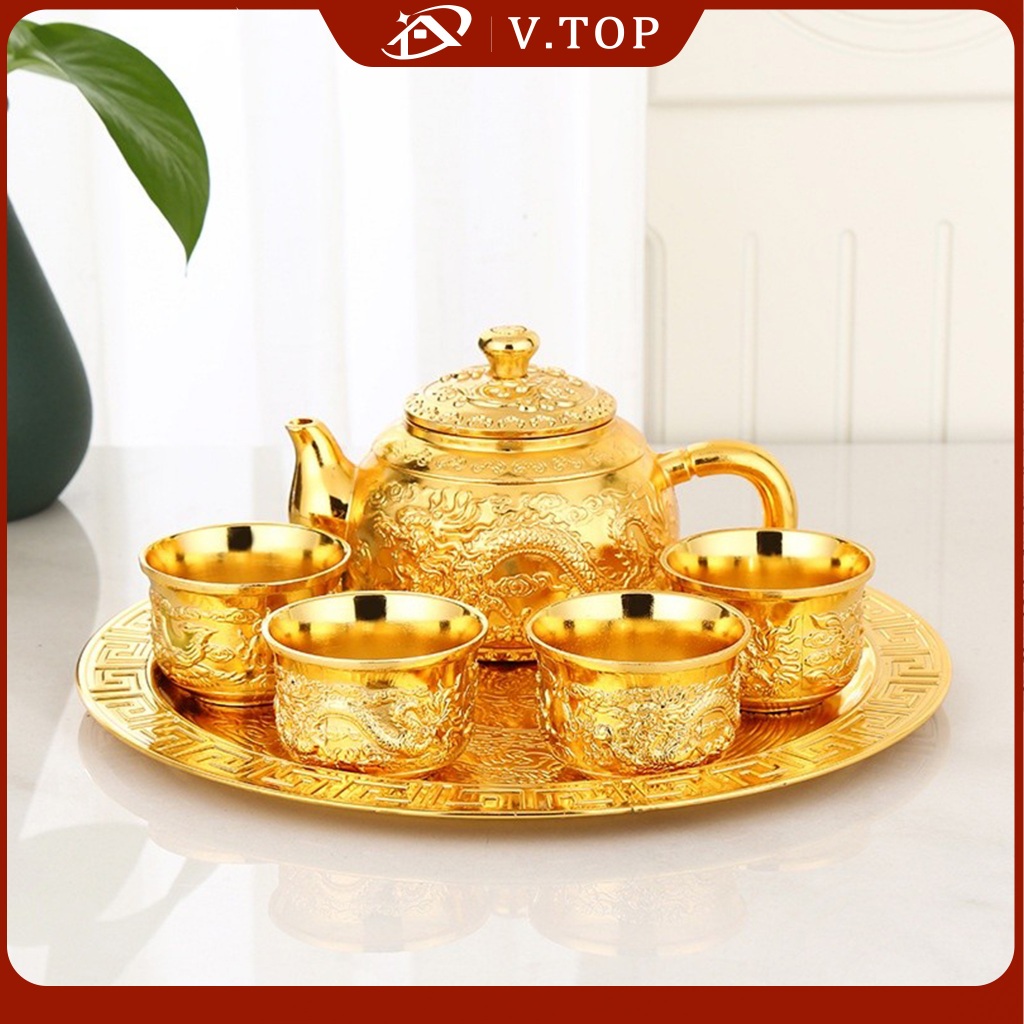 Set Teko Aladin Arab Warna Emas dengan Ornament Antik, Gelas Anggur, dan Ukiran Mawar yang Mewah