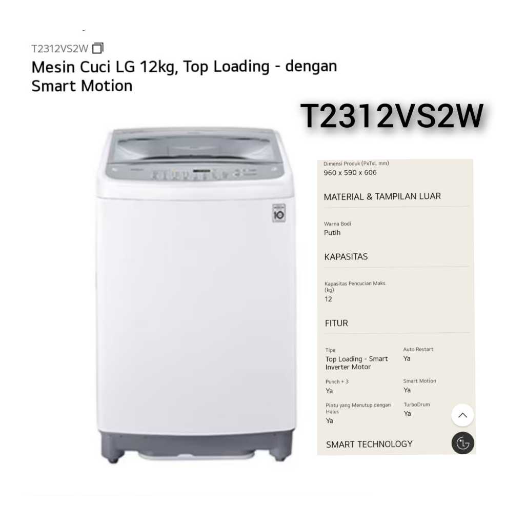 LG T2312VS2W Mesin Cuci Top Loading Smart Inverter TurboDrum 12 KG