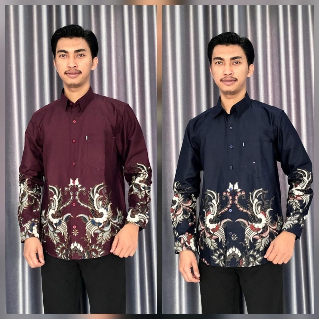 Baju Batik Pria Lengan Panjang ERKAPE Motif Klasik Modern – Batik Premium Warna Maroon & Navy