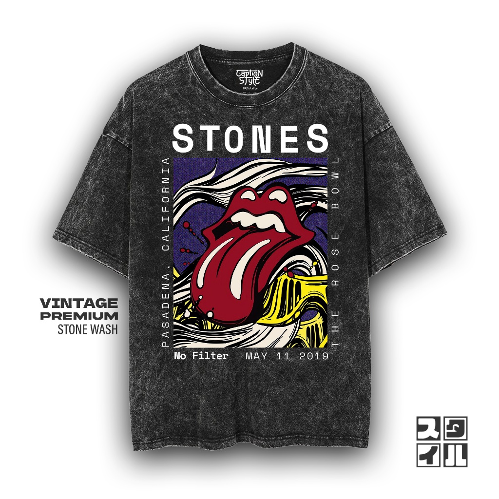 Caption'Style Baju Band ROLLING STONE NO FILTER Kaos Stonewash | Kaos Oversize Wanita | Kaos Pria | 