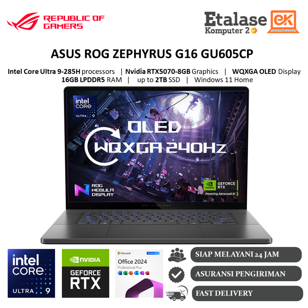 Asus ROG Zephyrus G16 Ultra 9 RTX5070 OLED 16GB 2TB WQXGA 240Hz RGB Windows 11 Home Eclipse Grey