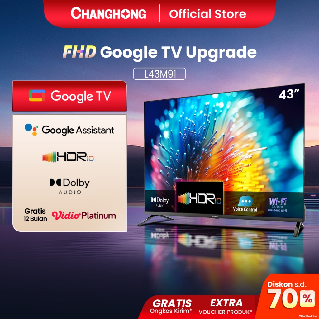 Changhong Google TV 43 inch FHD Dolby Audio Google Play Netflix Youtube Bluetooth USB Google Assista