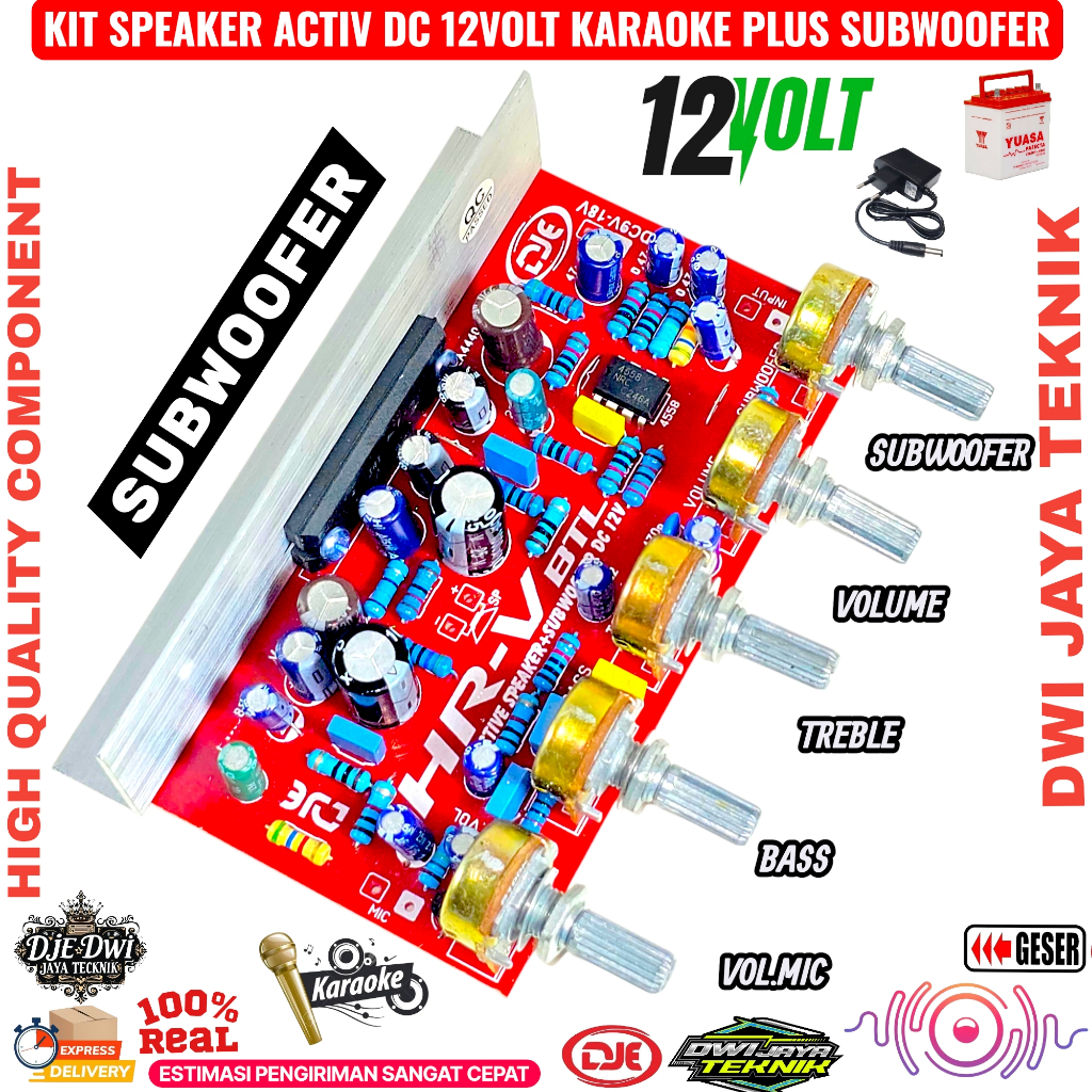 Kit Active Speaker Subwoofer DC 12V 150W +Mic Karaoke BTL HRV DJE PRO SERIES