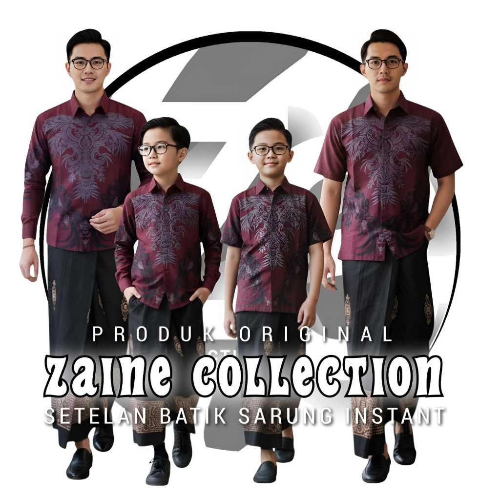 Setelan Couple Batik Sarba Sarung Batik Ayah Dan Anak Laki Laki Motif Baladewa Burgundy