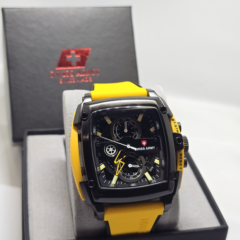 NEW Jam Tangan Pria Swiss Premium Chronograph Stopwatch Date Silicone Rubber Strap Include Box & Bat