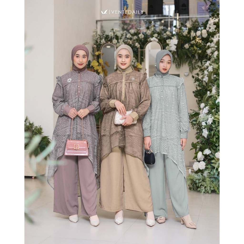 Kaia Oneset Setelan Atasan Tunik Brukat & Celana Kondangan Elegan
