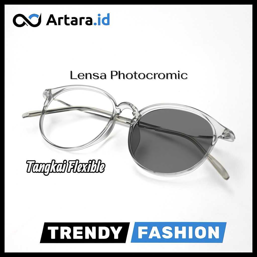 ( COD )Kacamata MINUS PHOTOCROMIC - BLUECROMIC 2125 Frame Bulat Lentur Bahan TR90 [ FREE BOX & LAP ]