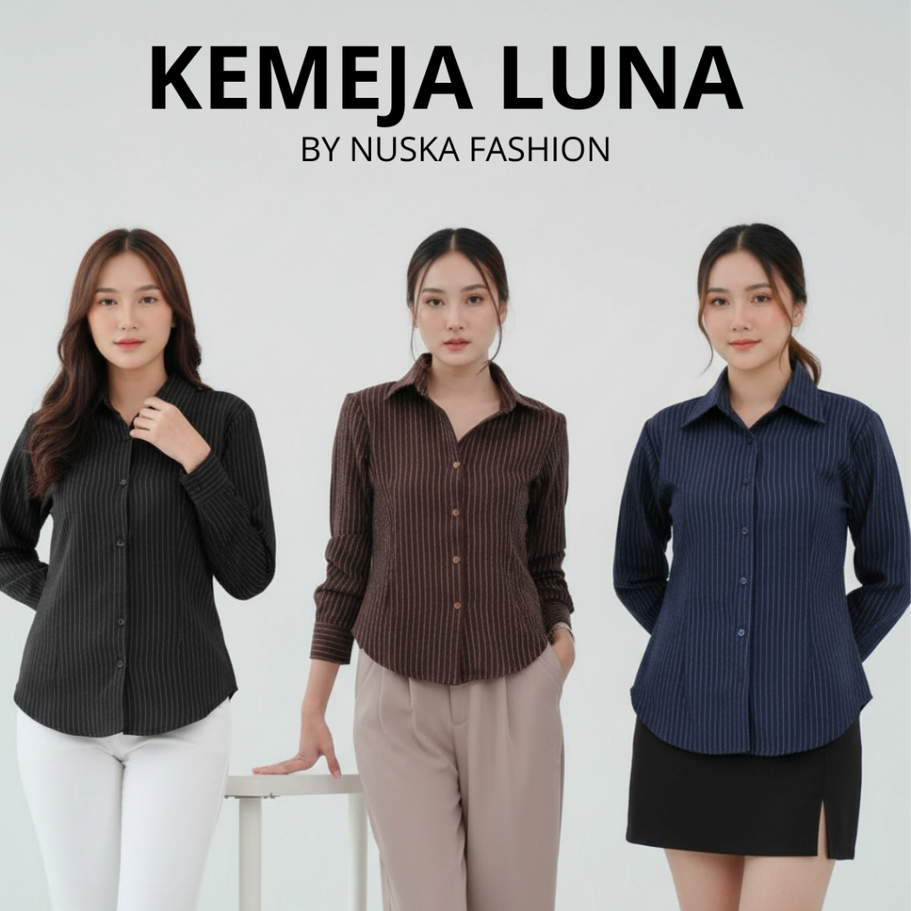 Kemeja Wanita Garis Garis | Kemeja Wanita Stripe | Atasan Kemeja Fitted Shirt Wispie Girl Boss Fitte