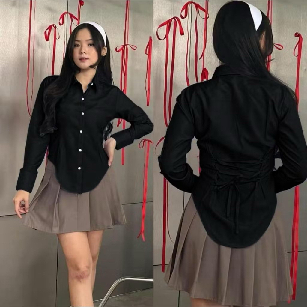 Fa - Kemeja Blouse Wanita Slimfit - Long Sleeve Tali Belakang - Rayon Twill Hitam Putih Nyaman