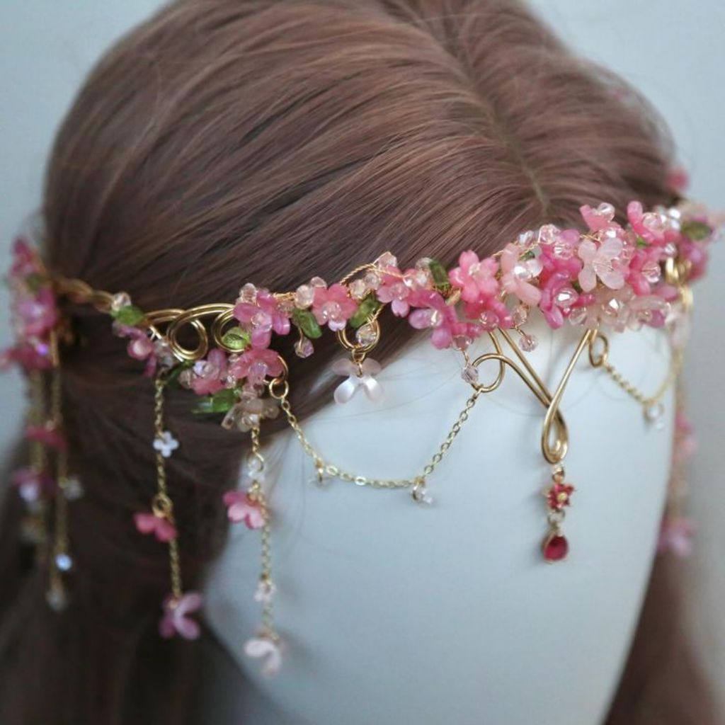 Mahkota Bunga Kristal Sakura Pink Emas – Headpiece Elf Fairy Wedding / Aksesori Festival