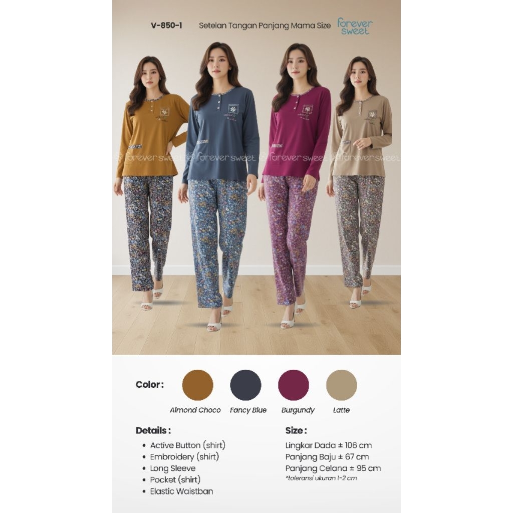 Babydoll PP Merk Forever Ukuran Mamasize, Baju Panjang Celana Panjang