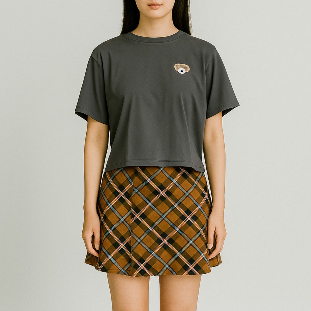 LUNORA - Clover Plaid Preppy Skirt + Bear Tee Set