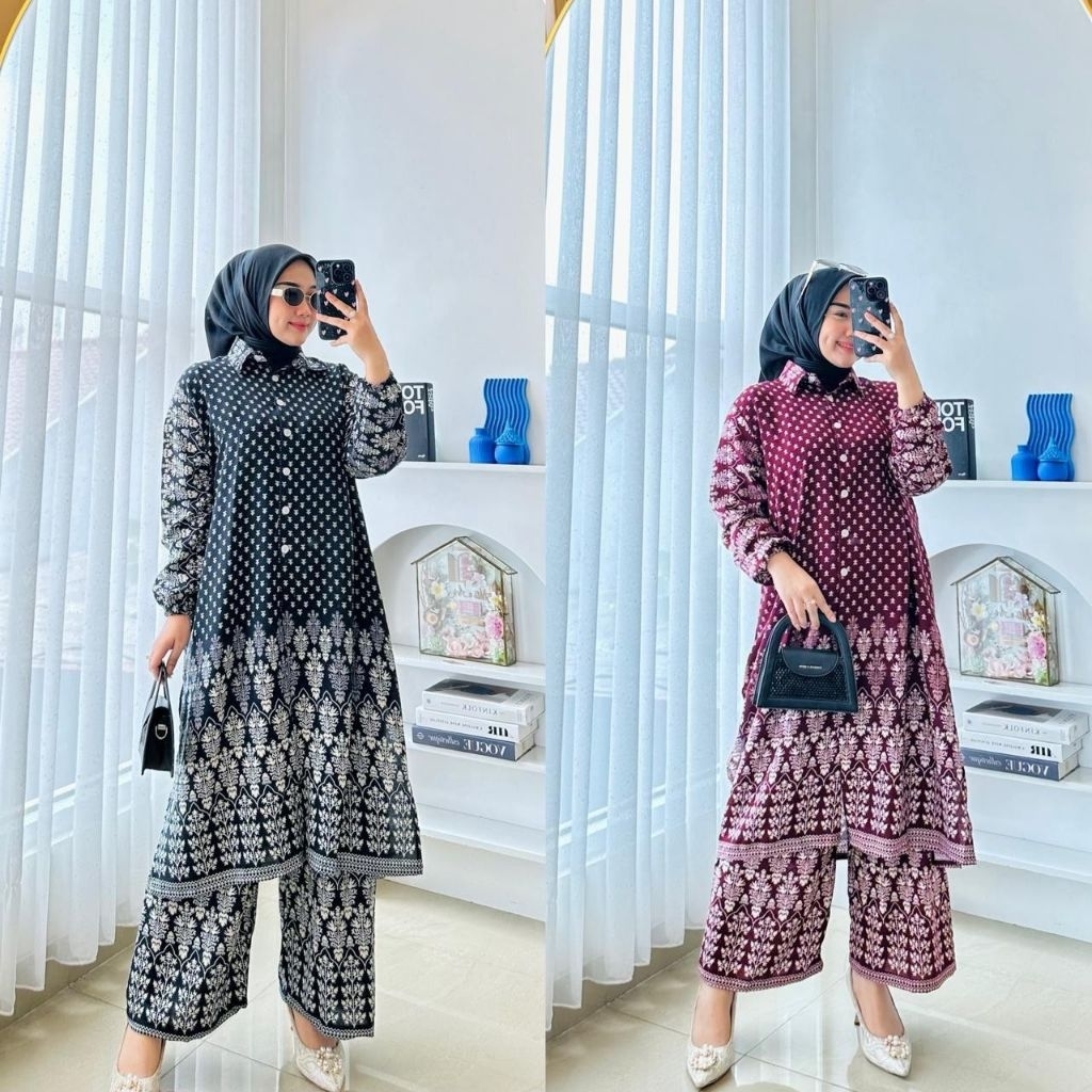 SETELAN CELANA LONG TUNIK JUMBO LD 120 BAJU MUSLIM KULOT WANITA SETCEL RAYON BUSUI