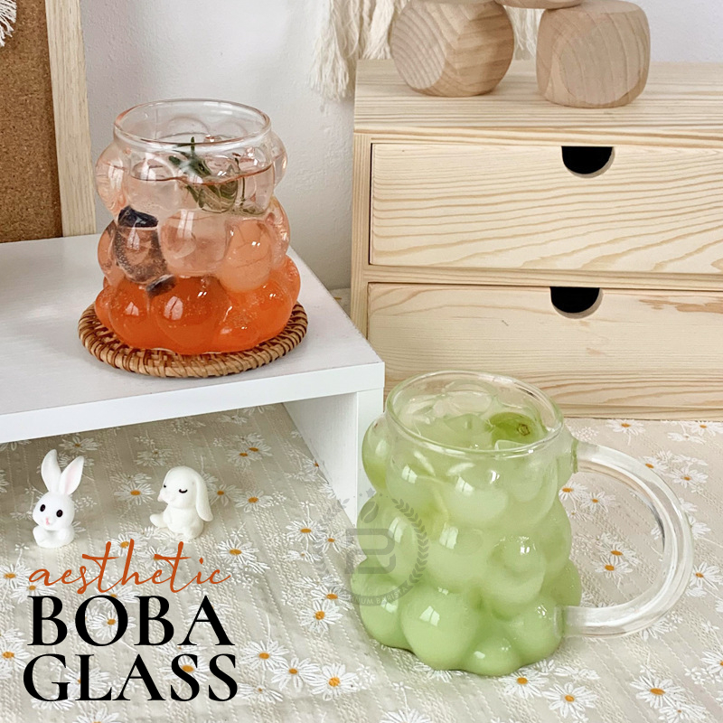 BOBA GLASS CUP Aesthetic Gelas Boba 350ml – Gelas Unik Aesthetic Kafe / Minuman Es / Minum Susu / Ko
