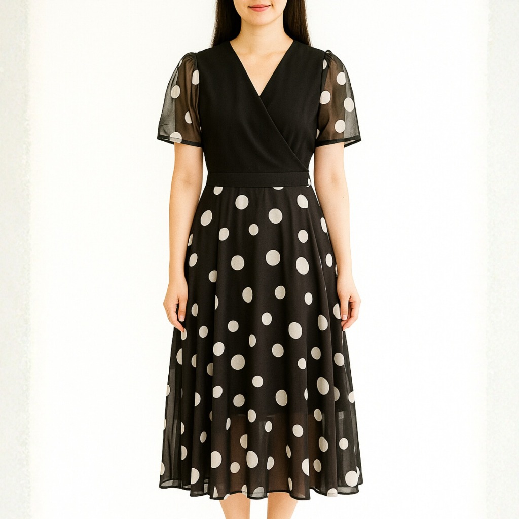 LUNORA - ADELINE POLKADOT DRESS WANITA | Dress Panjang Elegan Hitam Putih Korean Style Classy Fashio