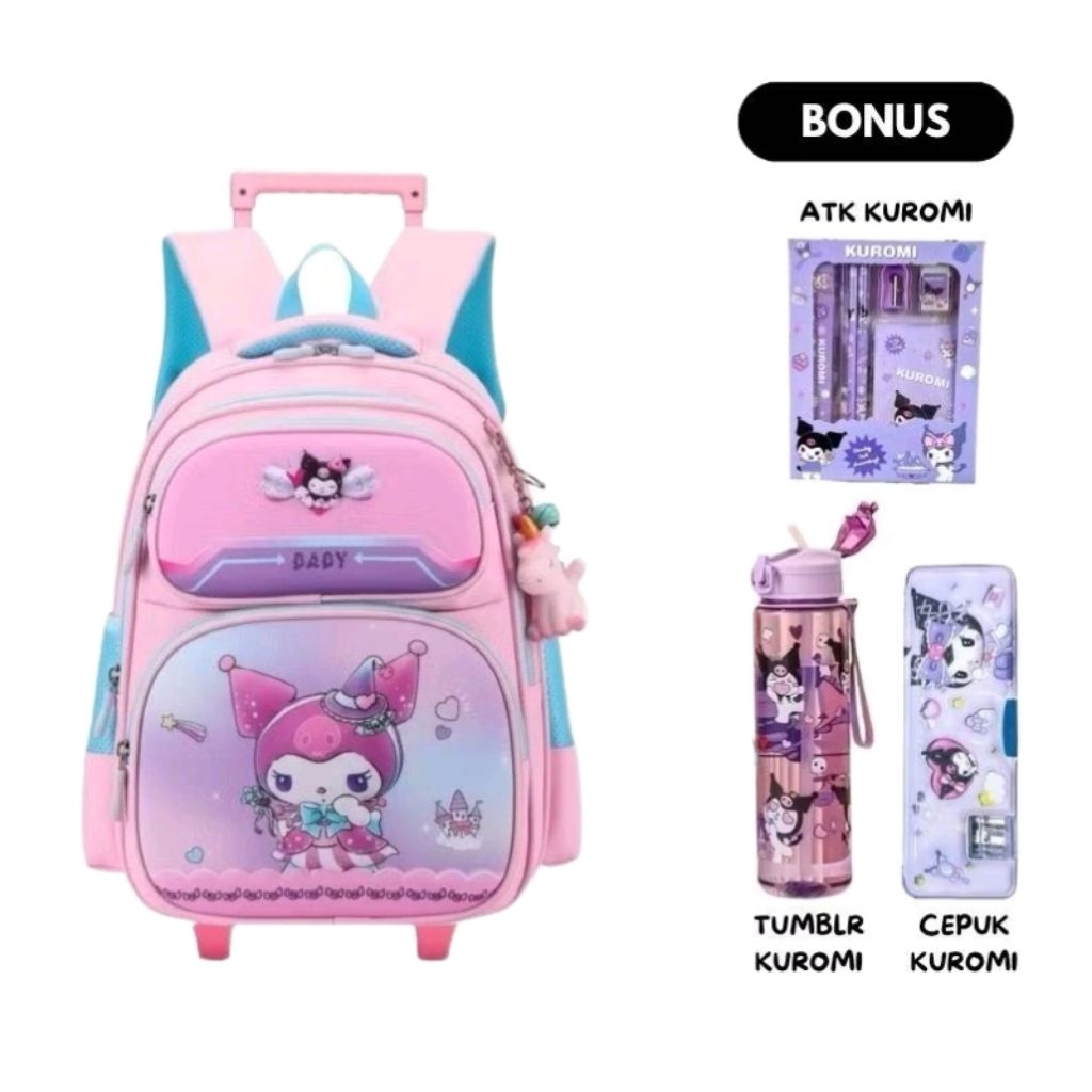 Tas Ransel Troli 4in1 Kuromi Ransel Anak Sekolah Perempuan TK SD SMP Free ATK+Botol Minum+Tempat Pen