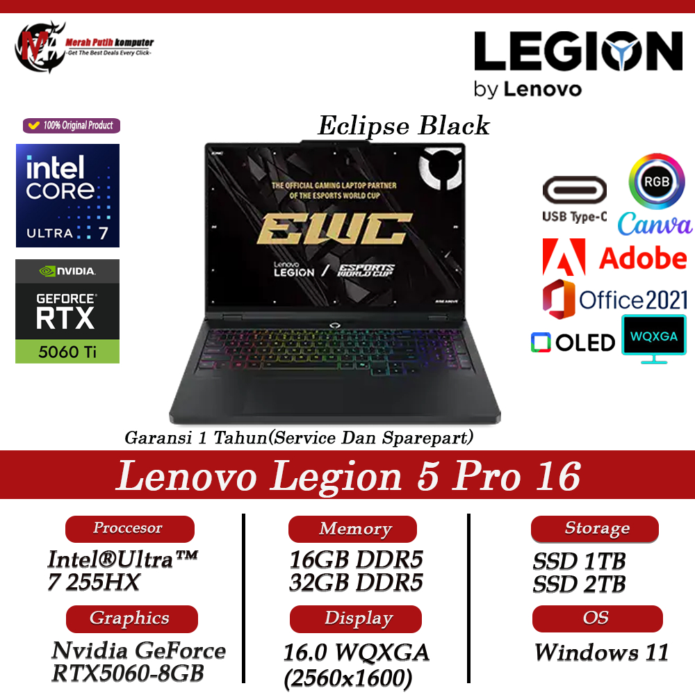 GAMING Laptop Lenovo Legion 5 Pro 16 Intel Ultra 7 255HX 32Gb 2Tb Ssd 16 Wqxga RGb Oled Windows11