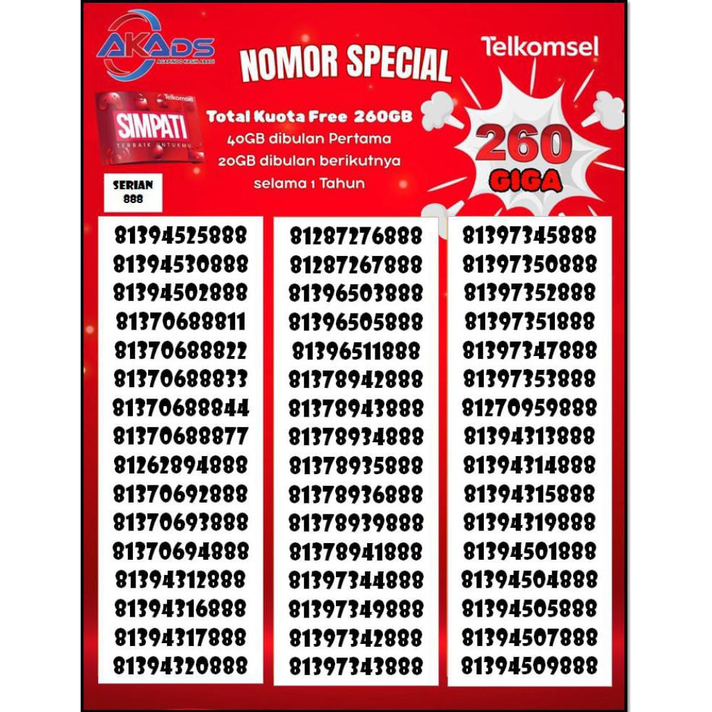 nomer cantik telkomsel 888 free kuota 260gb