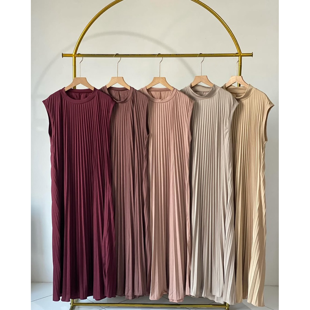 Gamis Plisket Panjang ( 138cm ) / Pleats Dress Payung / Inner Dress Plisket Maxy Clasik  / Inner Tan