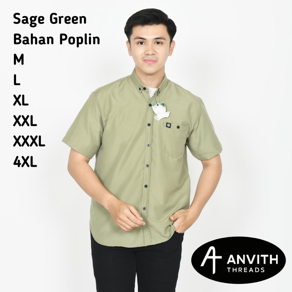Kemeja Polos Dewasa Warna Sage Green Lengan Pendek Kemeja Polos Pria Warna Sage