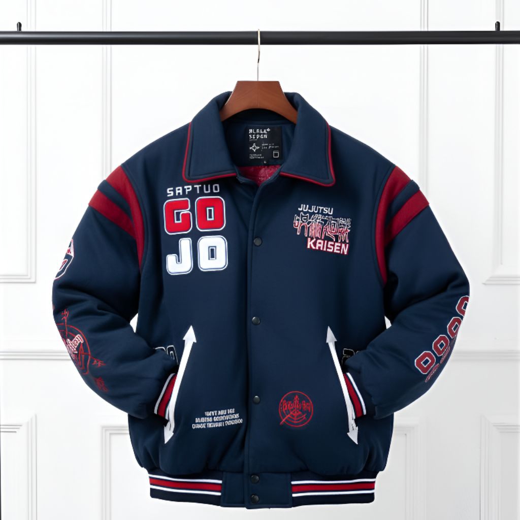 VARSITY JACKET GOJO JUJUTSU NAVY BLACKSEVEN | JAKET BASEBALL JAPAN STYLE BORDIR ORI MILLENIAL STUDIO